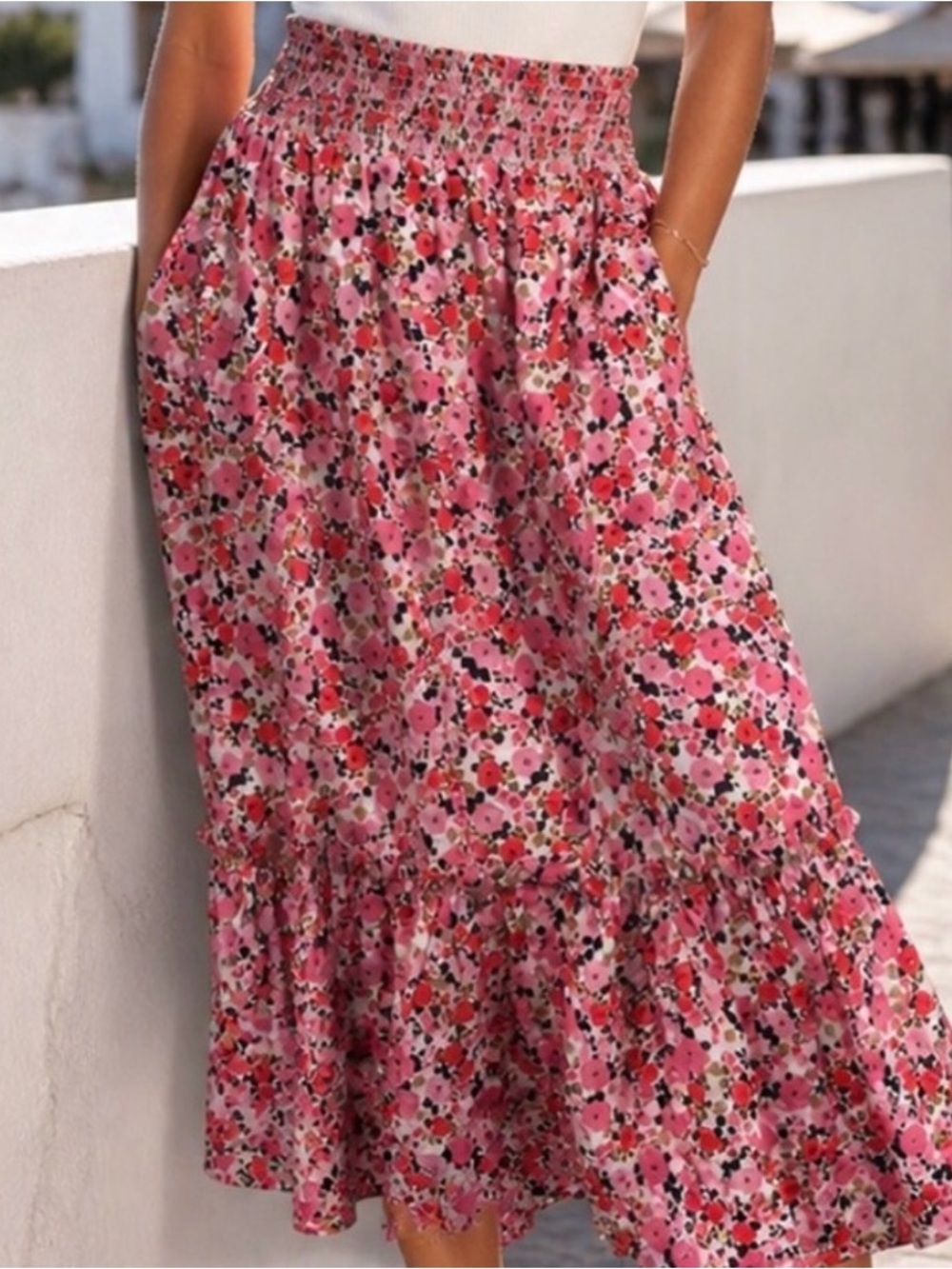 Tommy Hilfiger Pink Ditsy Floral Pull On Midi Skirt with Smocked Waist M